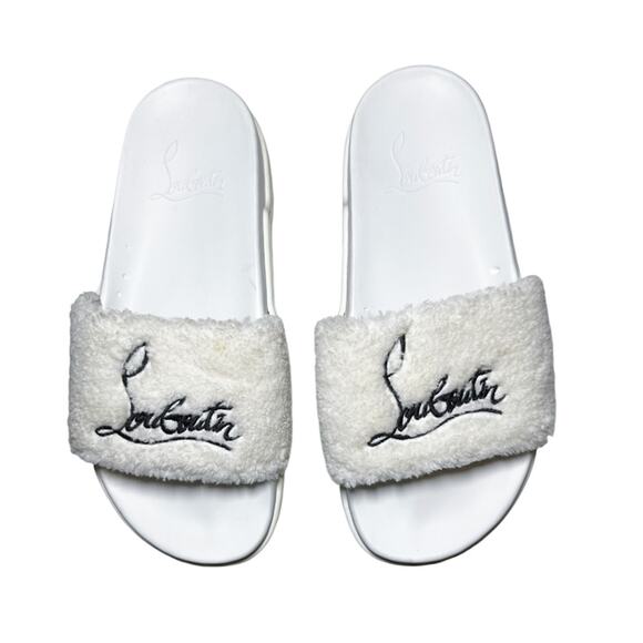 Christian Louboutin White Shearling Logo Slides Flatform Sandals Size 39.5 - Picture 1 of 12